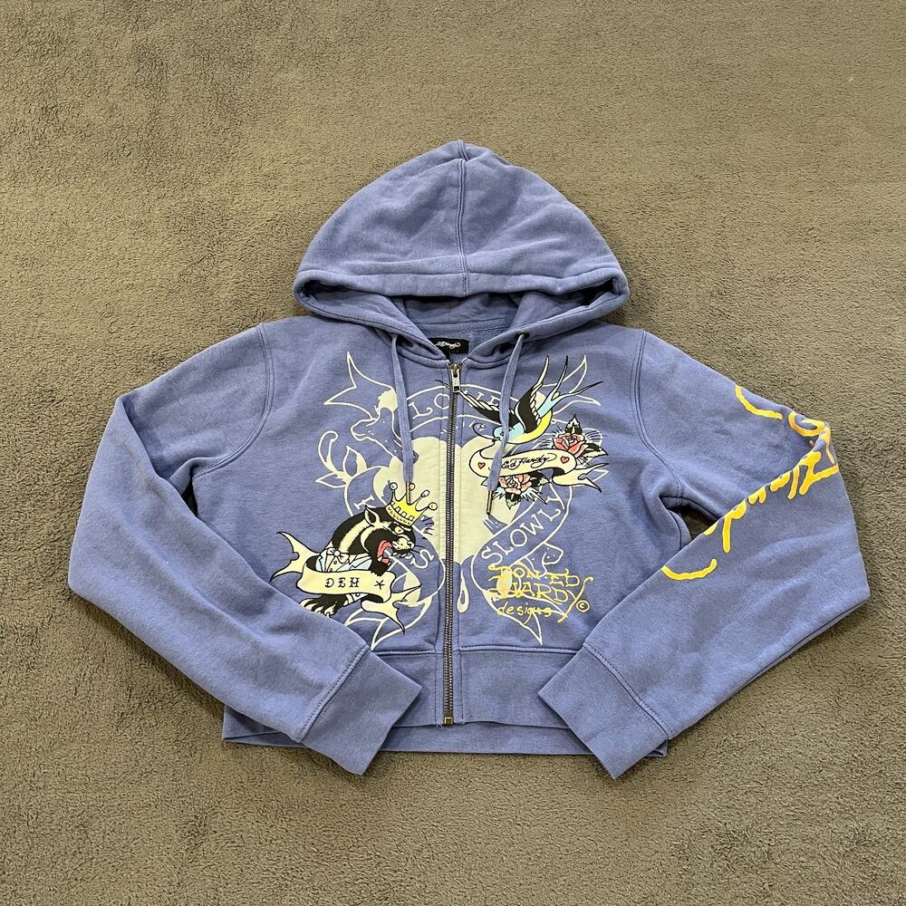 Ed Hardy Cropped Full Zip Hoodie Light Blue Graphic Sweatshirt Women's Sz Large